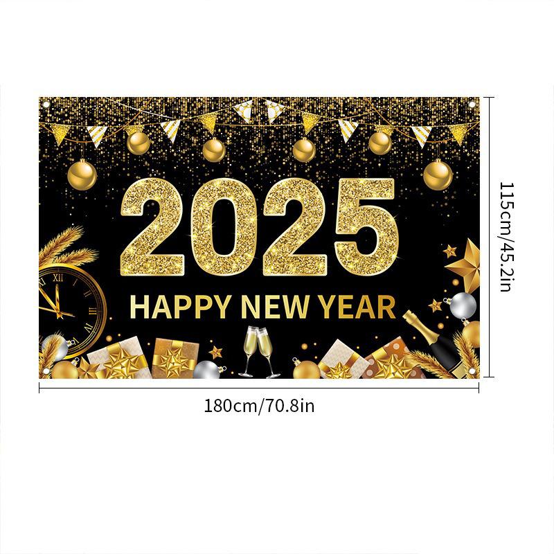 2025 Happy New Year Background Gold Black Hanging Flag Countdown Party Champagne Wine Glass Banner New Year's Eve Scene Decors