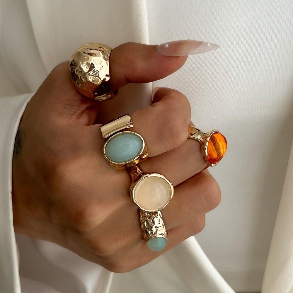 5pcs/7pcs Irregular Chunky Smooth Rings Vintage Retro Metal Ring  Matchable Jewelry