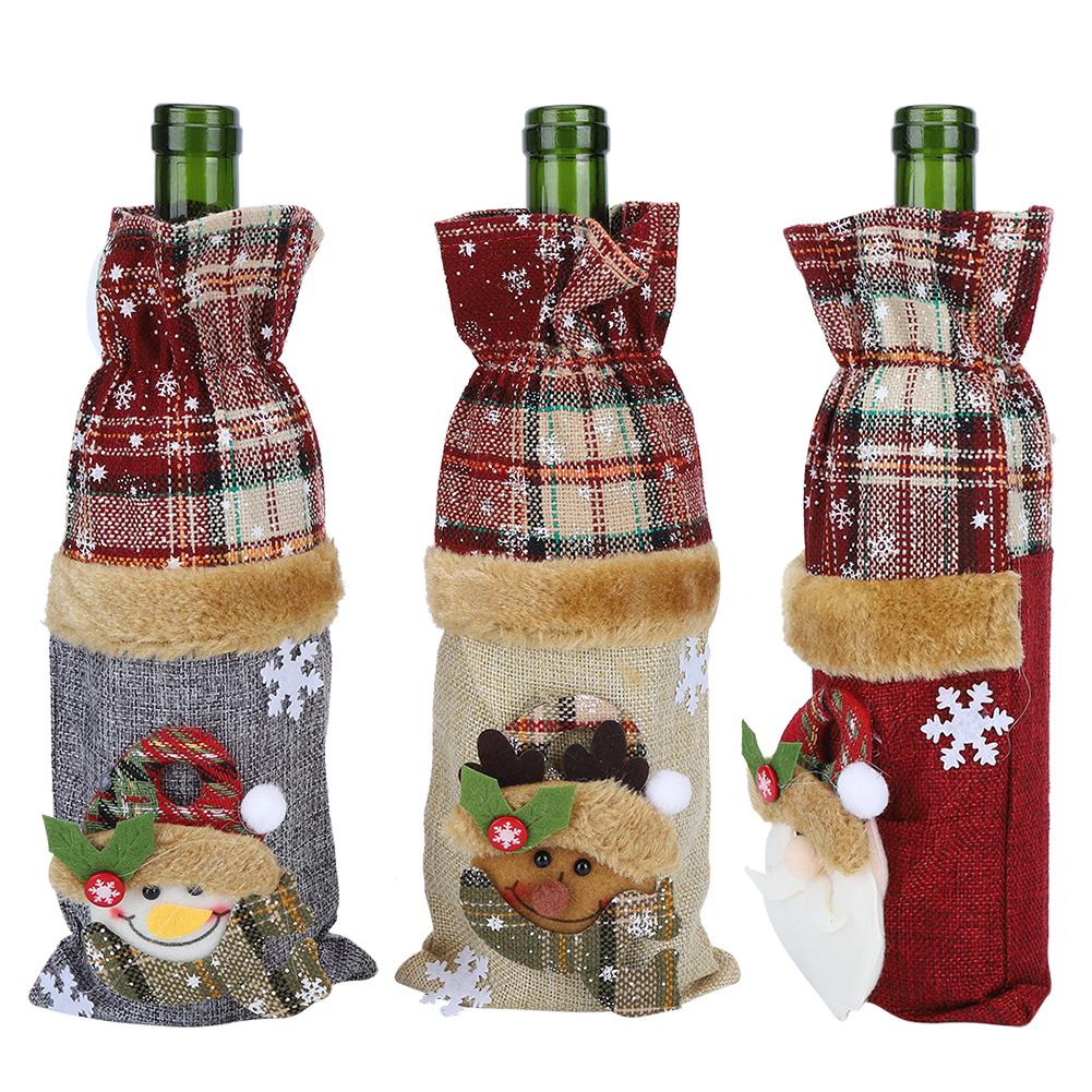 

3Pcs Grid Pattern Linen Wine Bottle Cover Red Wine Champagne Bottle Bag Christmas Decoration