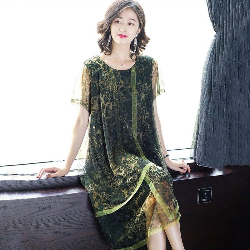 Vestido Mujer Verano Talla Grande Ancho Suelto Vintage Falso Dos Piezas Encaje Sedoso Suave Sencillo Diario Falda Larga