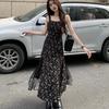 Y2k Vintage Black Mesh Dress Women Korean Style Dresses Fairy Floral Summer One Piece Midi Slip Long Dress