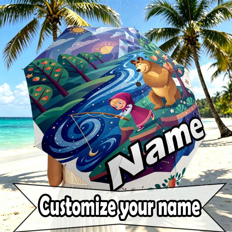 Custom Name Personalized Masha and the Bear Print Umbrella, Auto Open Close, 8‑Rib Sturdy Frame, Commute Camping Hiking Use, Birthday Gift