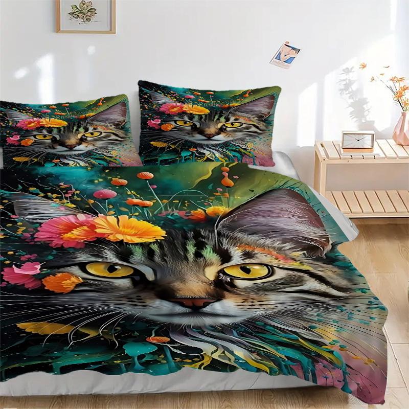 

3pcs Floral Cat Artwork Duvet Cover Set -Includes 1 Duvet Cover and 2 Pillowcases, No Quilt Core, All-Season Home Decor yy251111182 135x200cm