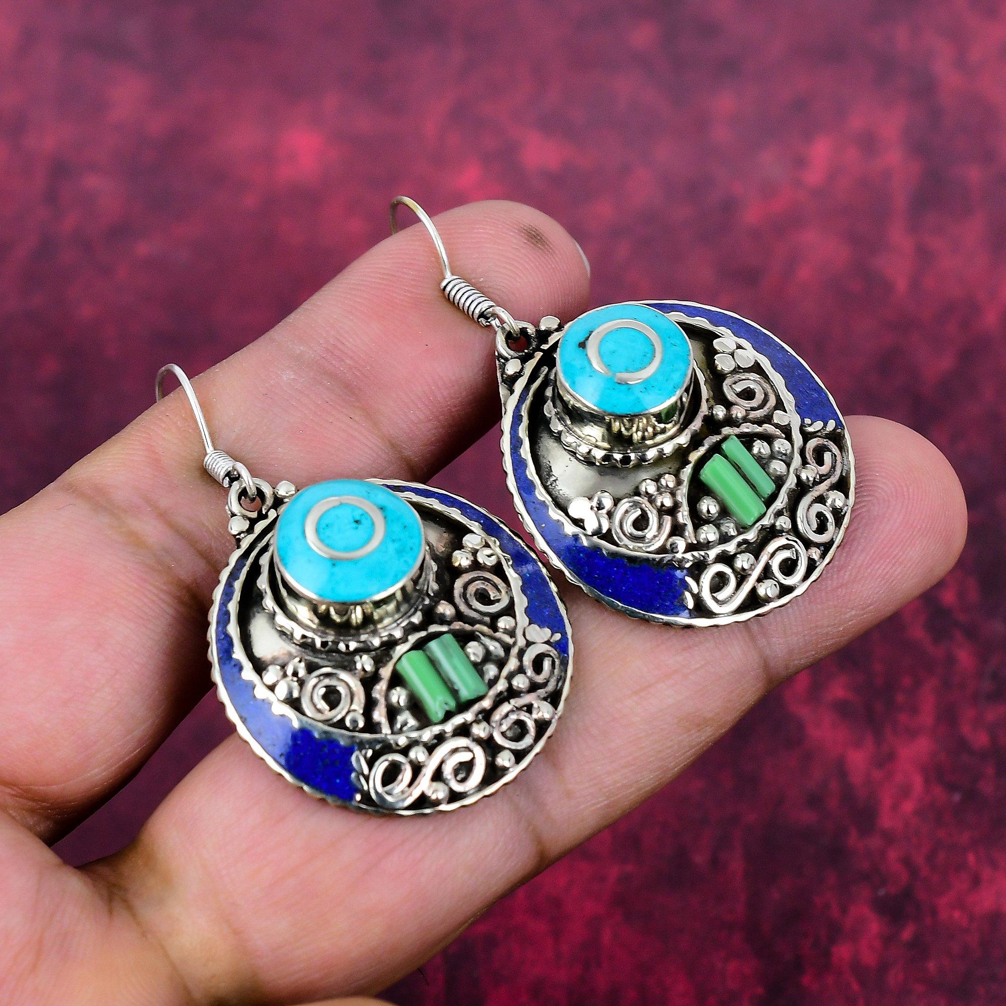 

Серьги из лазурита и бирюзы, из стерлингового серебра 925 пробы, серьги-гвоздики с драгоценными камнями ручной работы в непальском стиле, подарки для жены, совершенно новые серьги 1.18 Inches