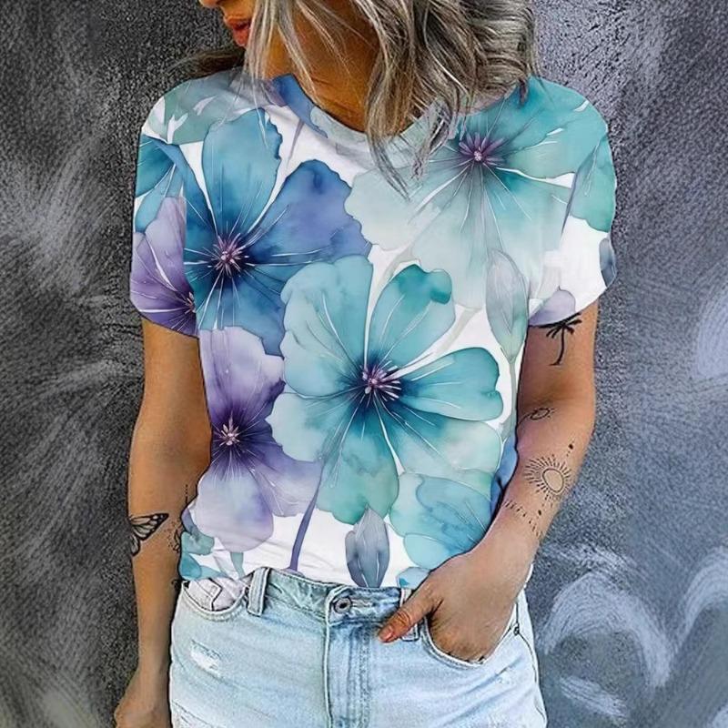 Sommar Dam Casual Lös Mode Digitaltryck Flerfärgad Rundhals Kortärmad Skjorta