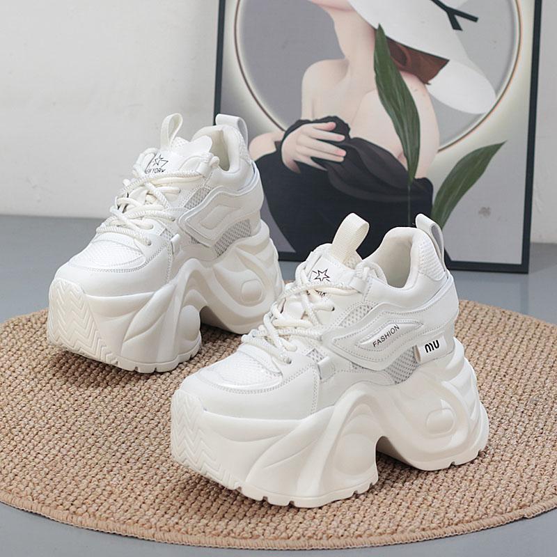 Fashion 10CM Air Mesh Microfiber Leather Chunky Sneaker Ankle Boots Shoes Women Flatform Wedge Bling High Brand Comfy Summer