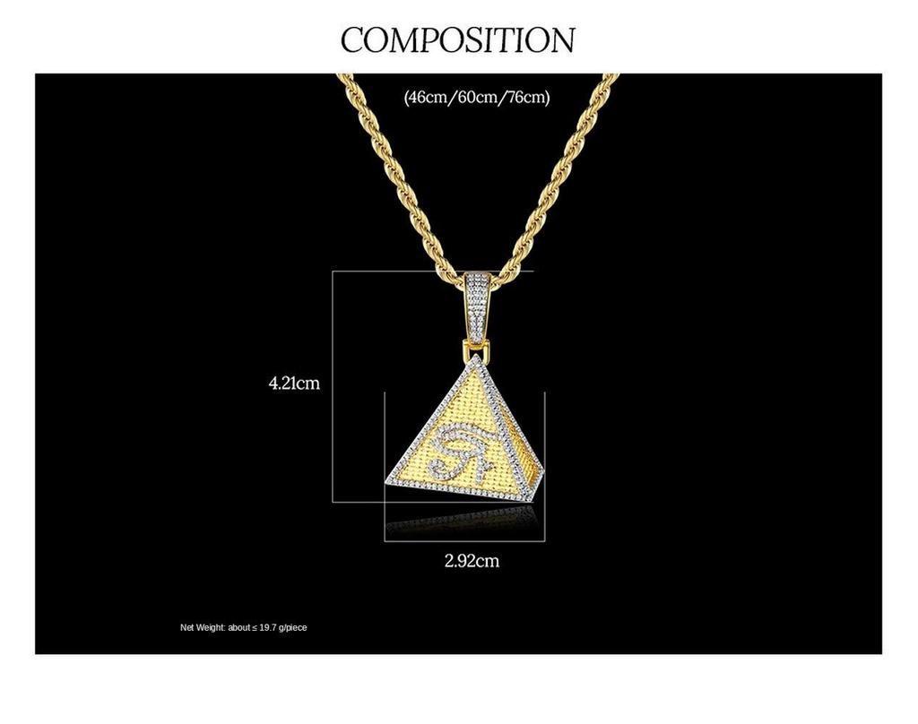 Altın 18K Altın Kaplama Zirkonya Lüks Parlak Göz Horus'un Gözü 3D Üçgen Kolye Antik Mısır Piramit Kolye Mısır Mitolojisi Havalı Hip Hop