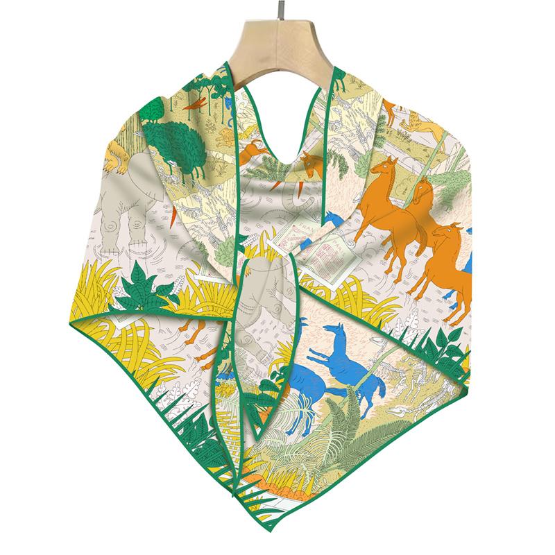 Silk Scarf Women Rainforest Animals Triangle Scarves Head Echarpes Silk Foulards Femme Wraps Beach Shawls Bandana Lady Hijabs
