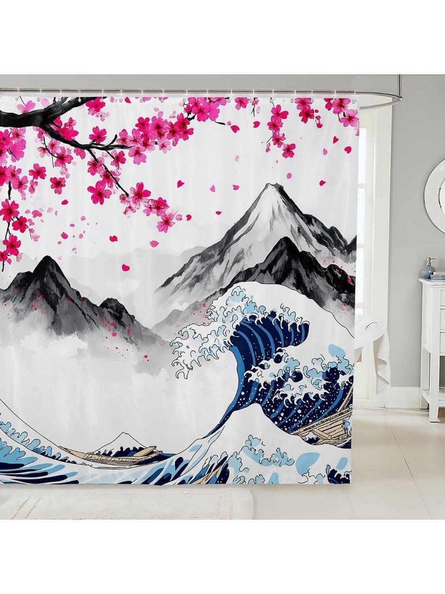 

Japanese Style Shower Curtain Pink Cherry Blossom Bathroom Curtain,Ocean Wave Bath Curtain Fuji Mountain Shower Curtain, 90x180CM