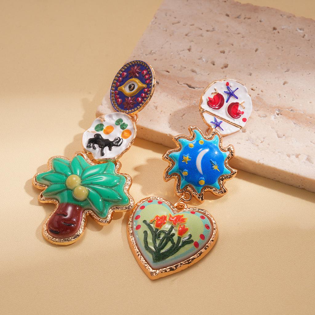 Round Sun Love Coconut Asymmetrical Tassel Earrings Niche Art Medieval Earrings