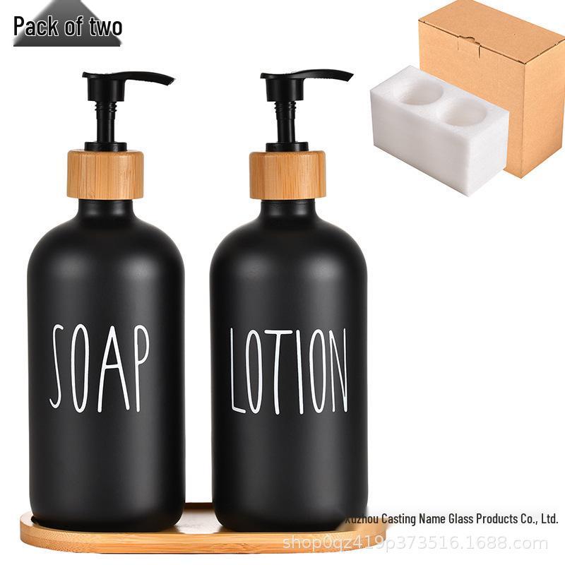 16oz Shower Gel and Hand Soap Refillable Glass Bottle with Black/White Boston Design and Bamboo Pump Head