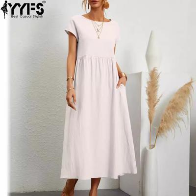 Women's Fashion Summer Spring Solid Color Print Short Sleeve O-Neck Loose Waistline Casual Dresses