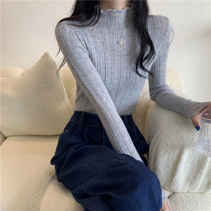 Autumn and Winter New Style Semi-high-neck Long-sleeved Knitwear Women French Retro Slim-fit All Matching Base Shirt Top