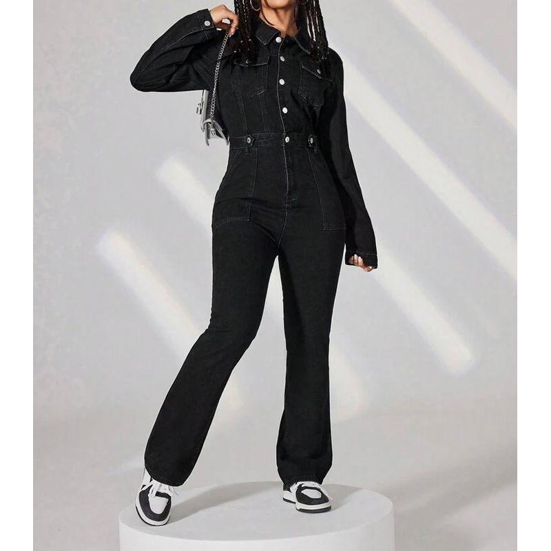 

Экспортный Одиночный Уличный Крутой Стиль Девушки-Достигательницы Джинсовый Вываренный Комбинезон Нишевый Стиль Двубортный Длинный Рукав Расклешенные Брюки Женский Black L