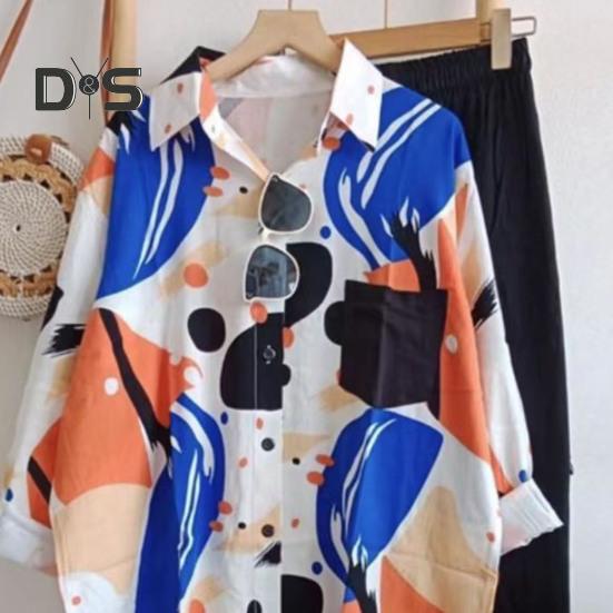 2 ks/sada Košile Kalhoty Sada Colorblock Jednořadá klopa Dlouhý rukáv Volný Pružný pas Široká noha Měkké Ležérní Dámská halenka Sada kalhot