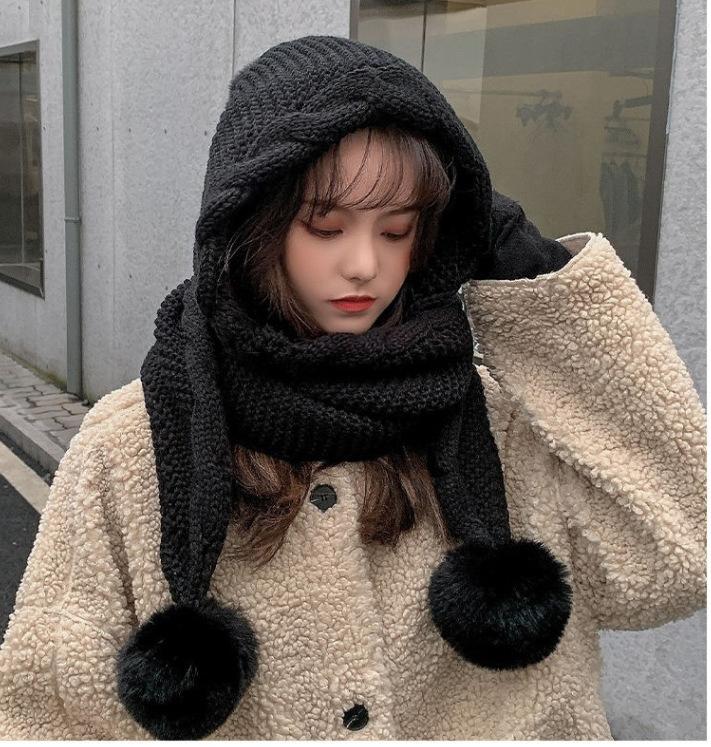 Korean Winter Hat Scarf Combo for Women Thick Knit Beanie with Pom Ear Flaps Bonnet for Extreme Cold Bucket hat for Women