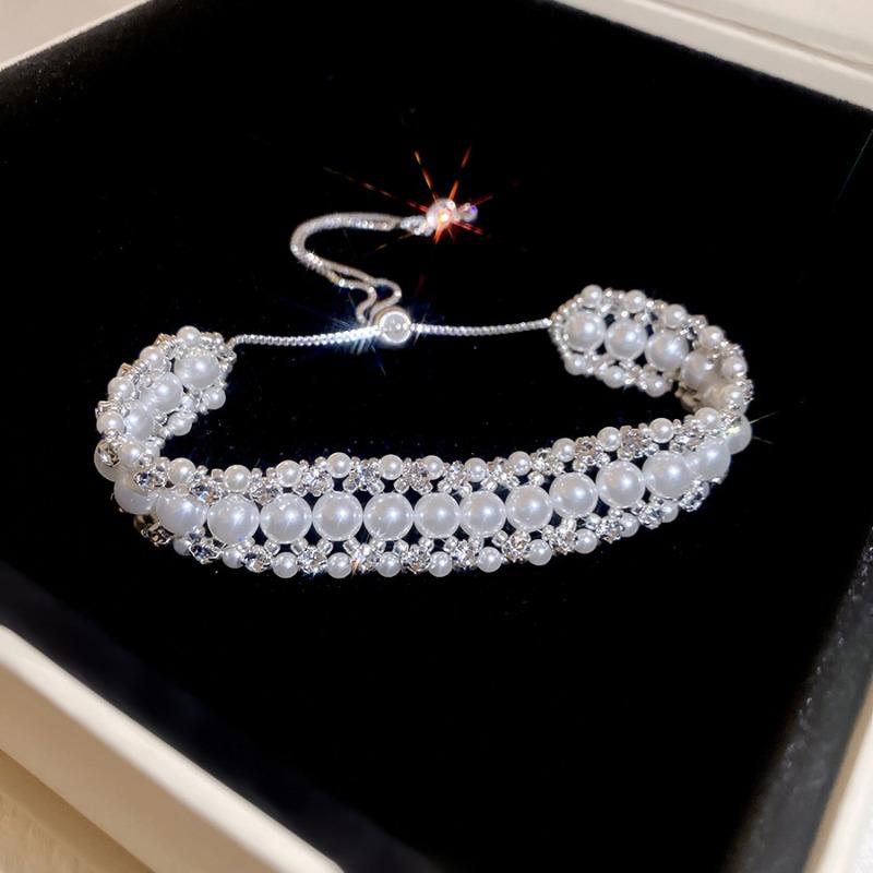 Korean temperament diamond-set geometric beaded pearl bracelet light luxury high-end bracelet bracelet, French temperament jewelry