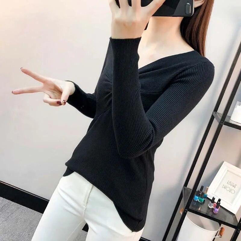 Pullover mit V-Ausschnitt für Damen, schmale Passform, kurzes Oberteil, Pull-Pullover, Strickpullover, solide Langarm-Damen, Frühling und Herbst