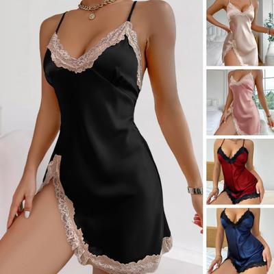 Damen Sommer Nachthemd Kreuzgurte hinten Tiefer V-Ausschnitt Ärmellos Satin Nachtwäsche Spitzenbesatz Geteilter Saum Nachthemd Schlafzimmer Flitterwochen Hochzeit Nacht Unterkleid