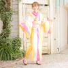 Dita Women's Yukata Set (5 pieces) with Pre-tied Obi, Pink & Yellow, Retro, Large Pattern, Pop, Bold, Easy to Wear by One Person (1: Mermaid Yellow,