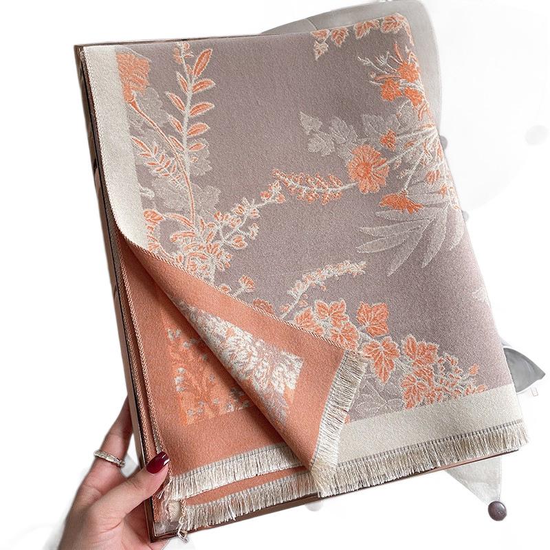 Elegant Faux Cashmere Floral Shawl - Thick Warm Winter Tassel Scarf