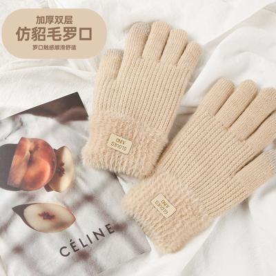 Knitted Gloves Autumn and Winter Women's Double-layer Velvet Thickened Warm Wool Cold-proof, Touch Screen Gloves