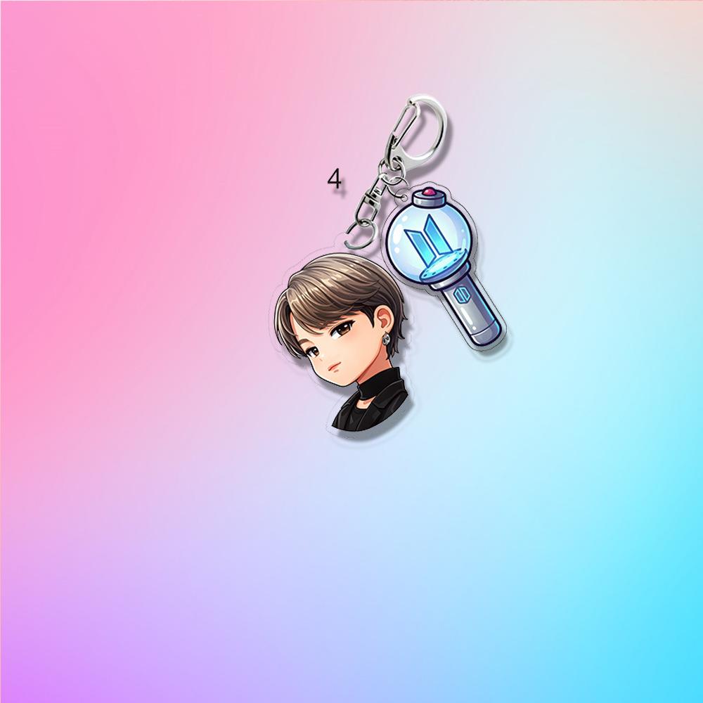 BTS Anime Cartoon & ARMY Bomb Double Acrylic Keychain, Bangtan Boys Cartoon Figure + Lightstick Charm Keyring, Kpop ARMY Fans Bag Pendant