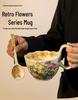 Ceramic Curved Handle Mug with Spoon and Saucer, Floral Design, Ideal for Breakfast, Oatmeal, Milk, Coffee.