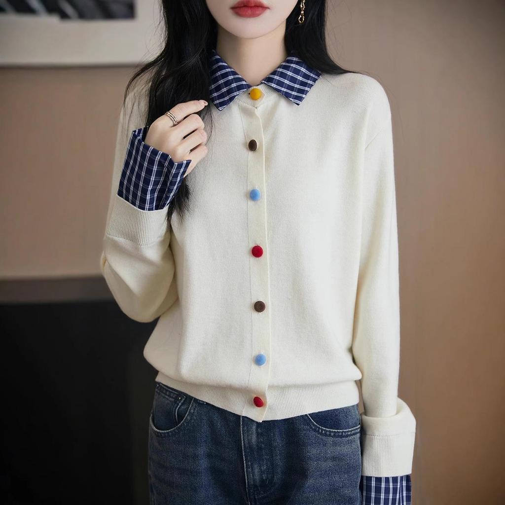 Women's Plaid Color Block Knit Cardigan Sweater - Early Spring Collection