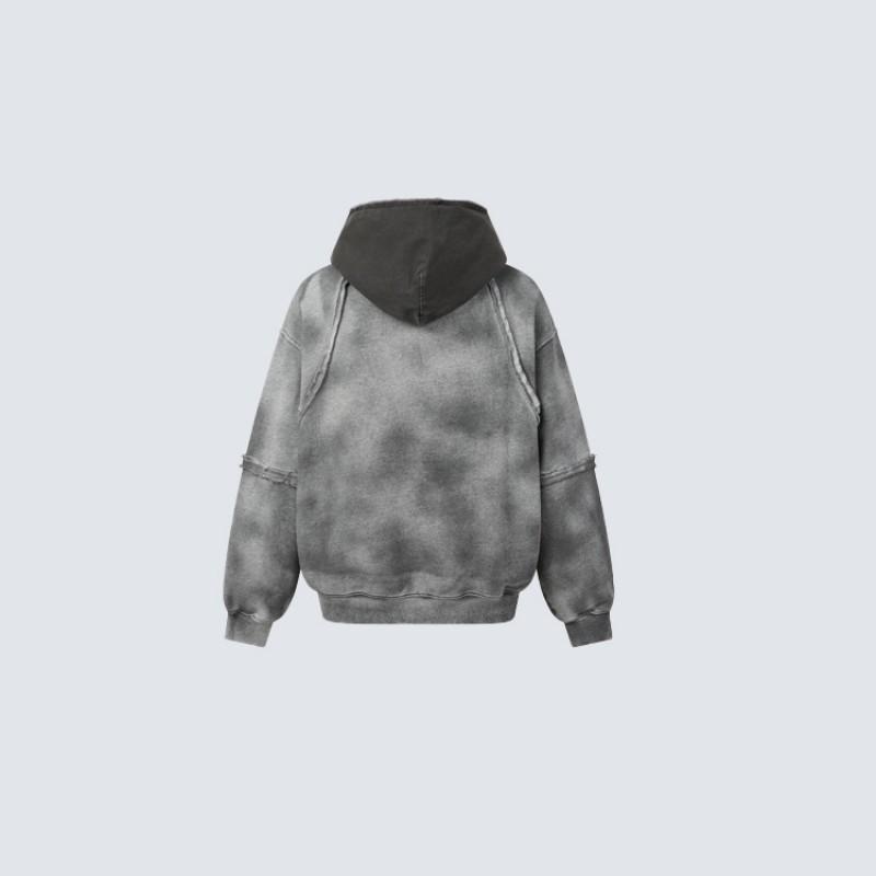 Distressed Deconstructed Hoodie With Raw Edge Trim Contrast Pocket Oversized Fit Cotton Sweatshirt Men