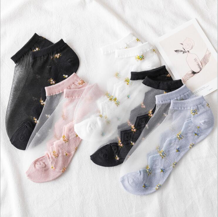 5 Pairs/Lot Summer Short Sock Ultra-Thin Flower Glass Silk Fashion Ladies Socks Lace Boat Socks Low Transparent Invisible Socks