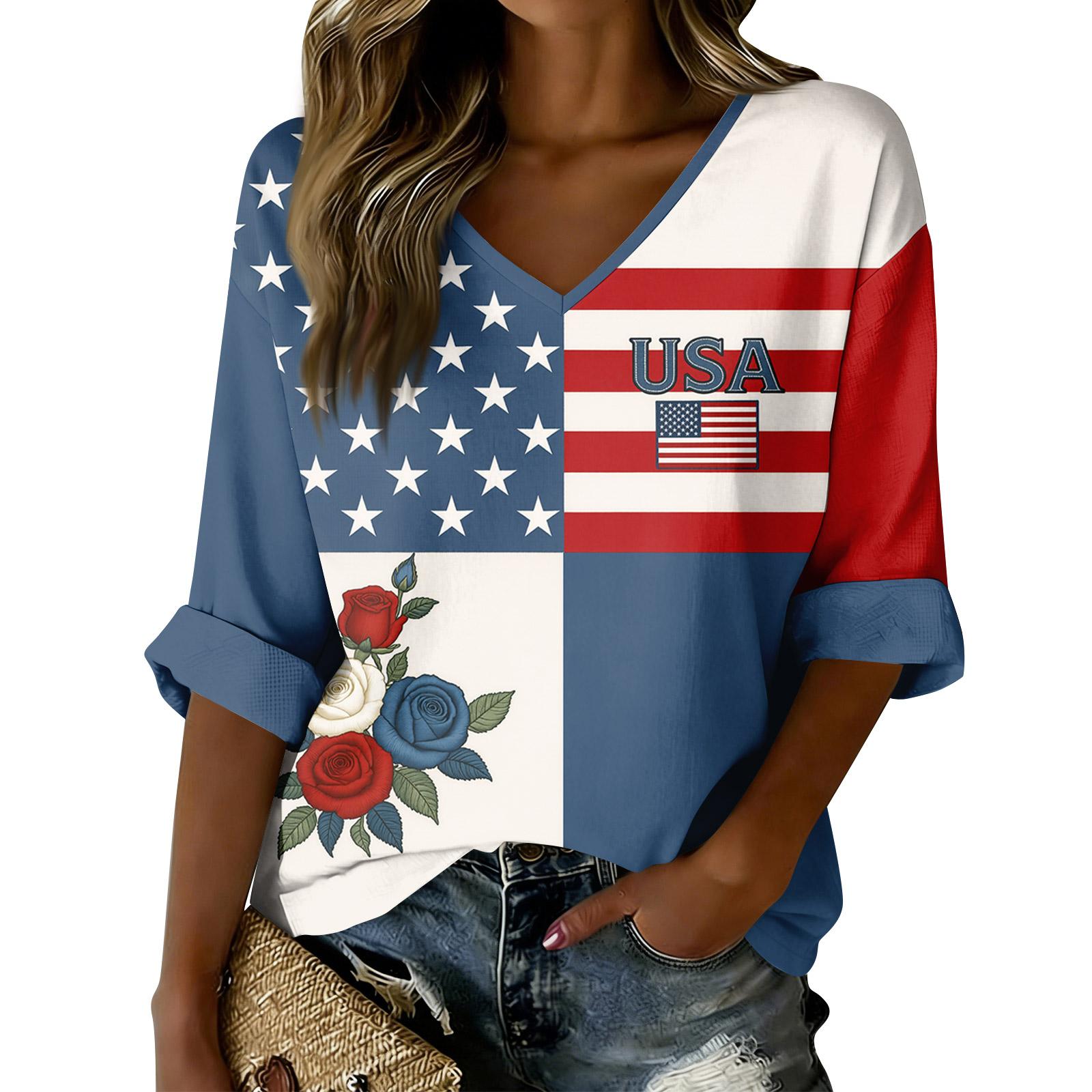 

Womens V Neck Loose Fit Casual Top with USA Letter Print Rolled Sleeve Pullover Blouse Comfortable Material L
