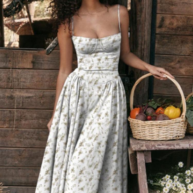 French Elegant Retro Maxi Dress Women Long Skirt Spring Summer Dopamine Strap Dress Latest Solid Color