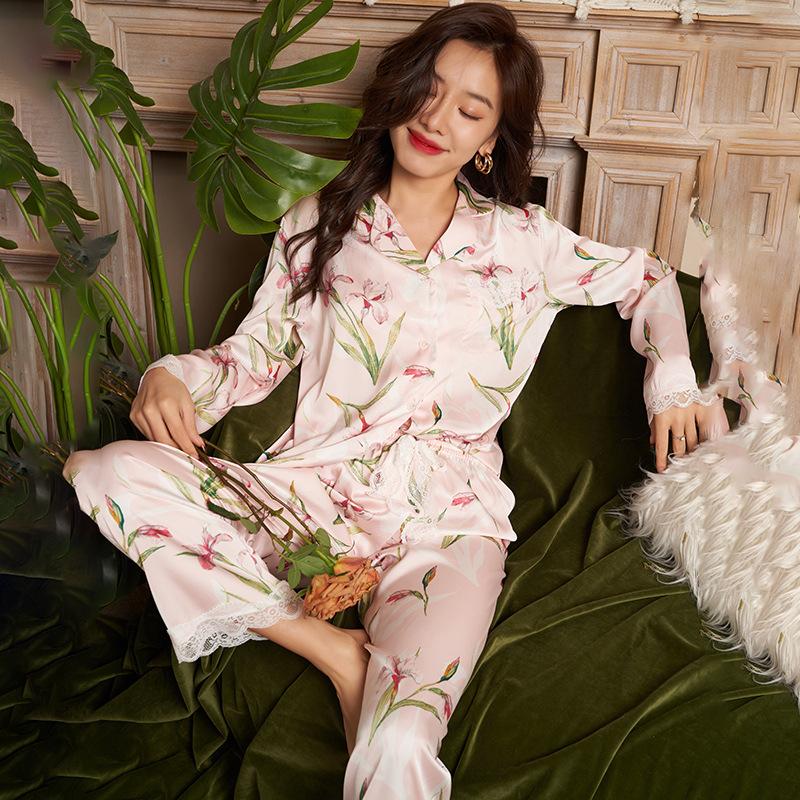 Ice silk pajamas women's spring and summer long-sleeved suit, a sexy lace lace simulation silk large-size loungewear