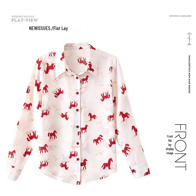 Women's French Retro Pony Print Chiffon Shirt - Elegant Designer Spring/Autumn 2026 Style