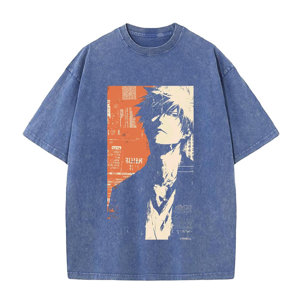

Kurosaki Ichigo BLEACH Anime Clothing Men Women Oversized T-shirts Short Sleeve Washed T Shirt Retro Cotton Tshirt Harajuku Tops S синий