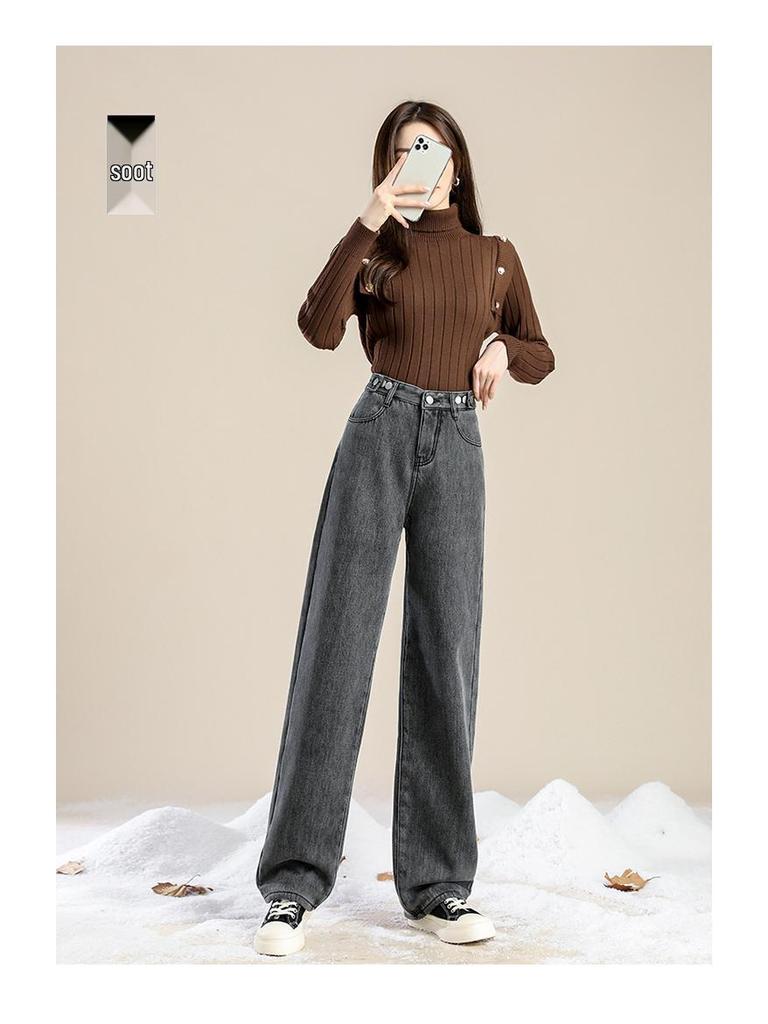 Women's High-Waisted Fleece-Lined Jeans: Thick, Light-Colored, Straight-Leg, Slimming Wide-Leg, Dark Blue for Autumn/Winter 2025.