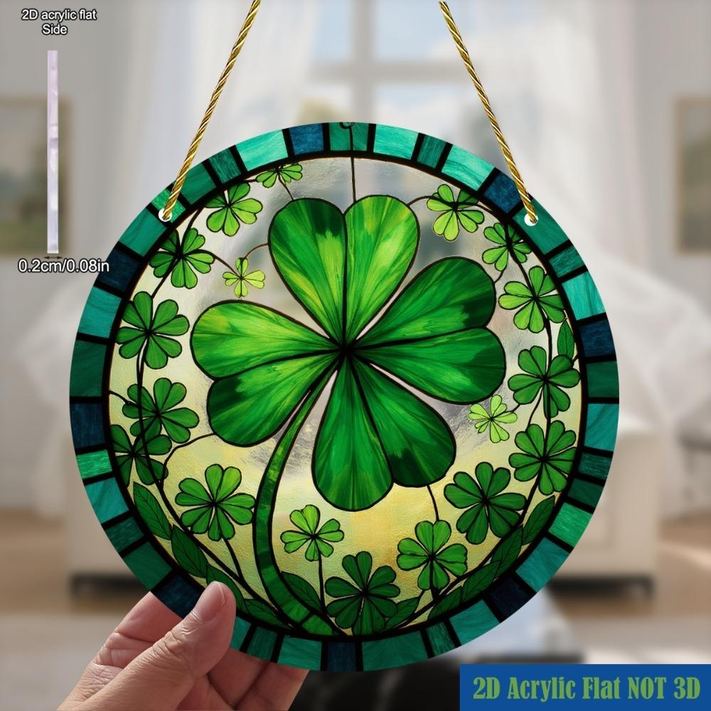 Green Four-Leaf Clover Stained Glass-Style Suncatcher, with Irish Good Luck Charm, Colorful Patterns, Nurseries, Vintage Home Decor Wall for Bar Kit
