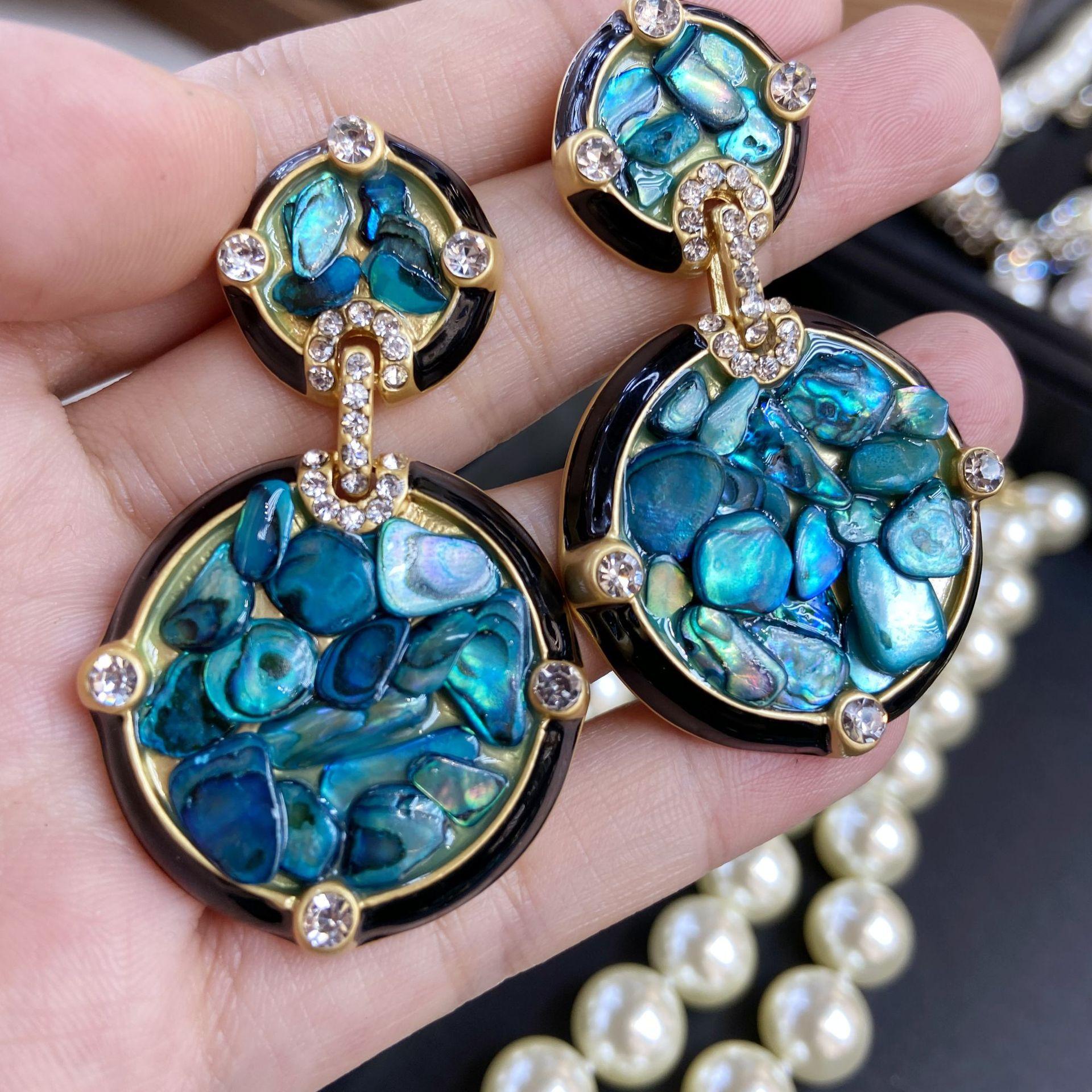 

Винтажное ожерелье из черной эмали и синих ракушек, женский размер, круглый дизайн, стиль суда, покрытый медью, настоящее золото, ожерелье, серьги