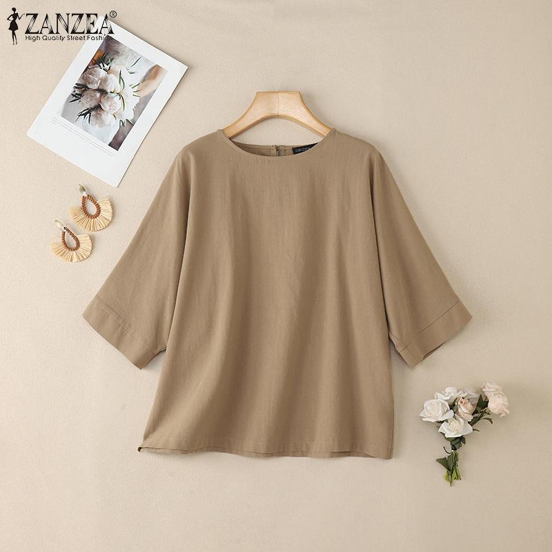 ZANZEA Damska codzienna bluzka z okrągłym dekoltem, luźna, letnia, z rękawem do połowy
