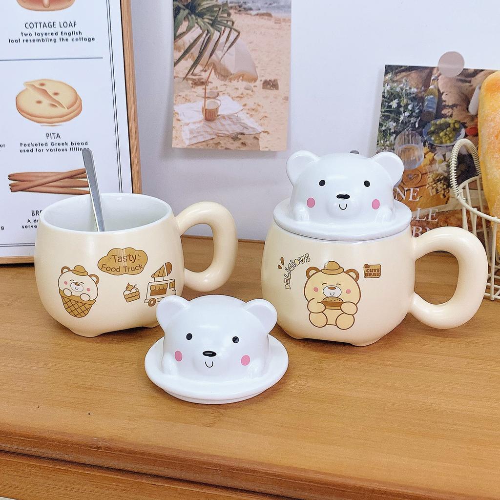 Mug with Lid Spoon Cute Little Bear Mug with Good Looks Girl with A Heart Drink Water Cup To Give Girls Birthday Gift