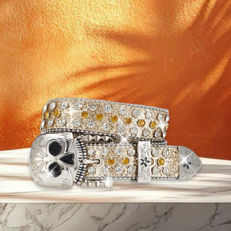 Popular Skull Buckle Belt for Men Women Rhinestones Studded Belt All Matching Blingbling Western Belt for Daily Club Wear