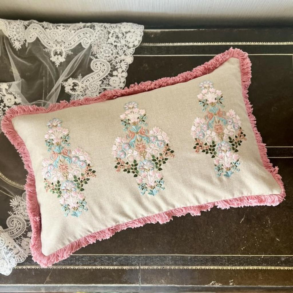 Vivienne Cushion 30x50cm Flower Embroidery Rectangular Cushion with Filling (Vivienne) [Fringe Pink] 82100CU-PK