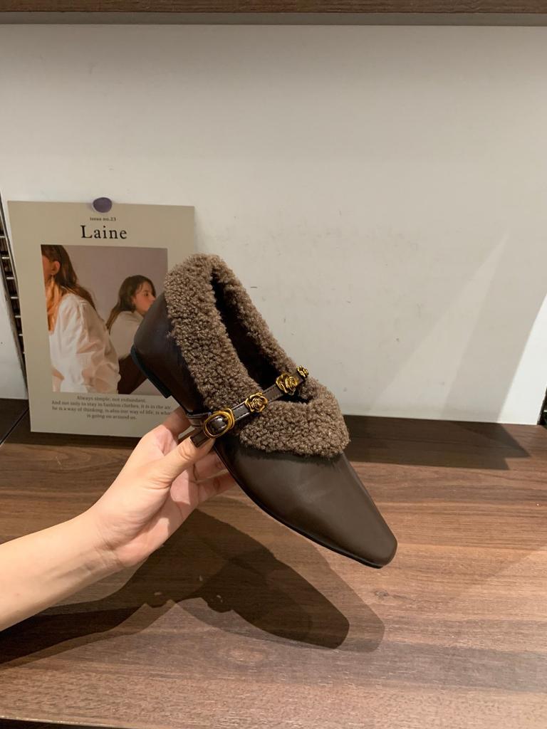 Small fragrant wind inner height increase velvet square head Mary Jane shoes thick-soled wool loafers