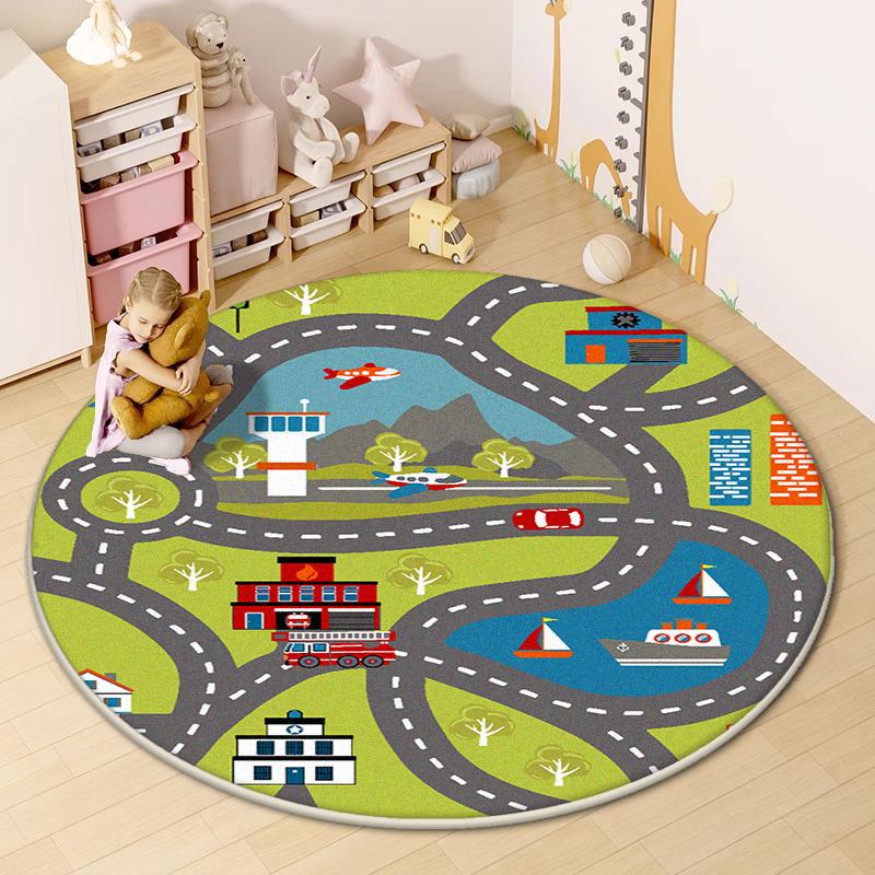 Road Round Mat for Children Cute Cartoon Children Room Area Rug Home Living Room Carpet Non-slip Soft Hanging Basket Chair Mats