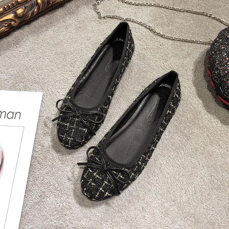Women Sweet Bowknot Ballet Flats Shoes Lady Luxury Tweed Pumps Comfortable Round Toe Slip-on Scoop Shoes Soft Sole Casual Shoes