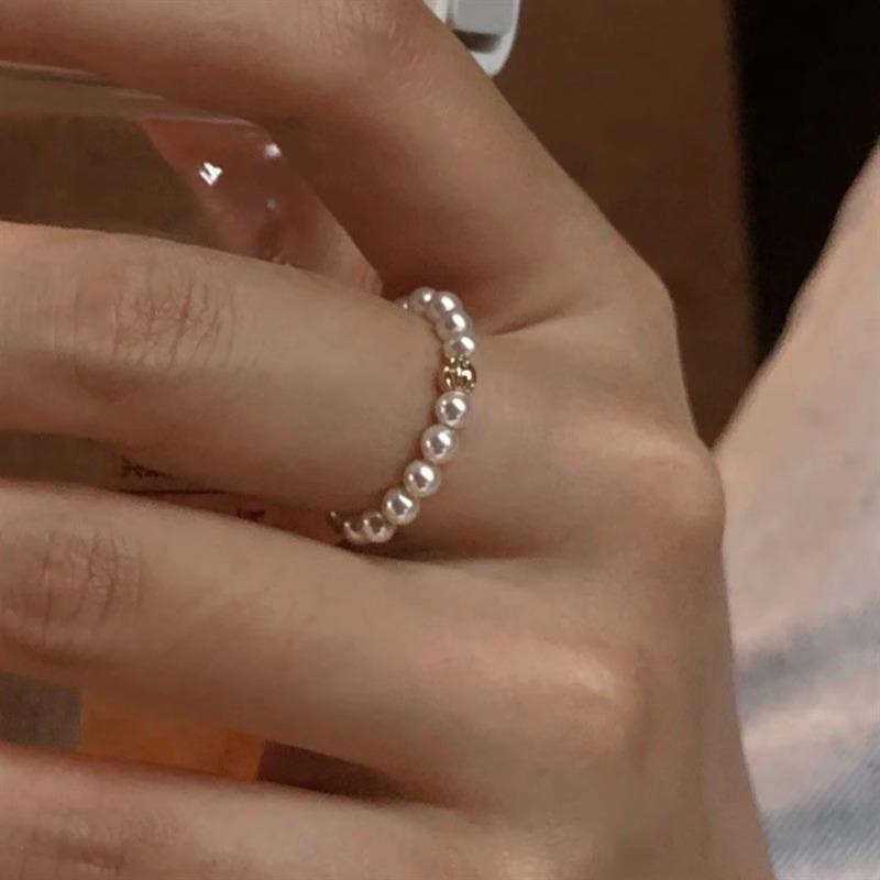 French Vintage Zircon Imitation Pearl Rings For Women Elegant Elastic Beaded Ring Luxury Party Wedding Jewelry Gift A2