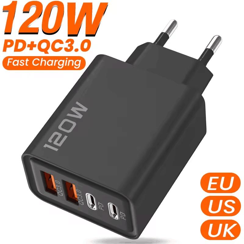 120W 4 in 1 USB C Charger Phone Fast Charger Power Adapter for IPhone Samsung Xiaomi Quick Charge 3.0 EU/US/UK Plug Wall Charger