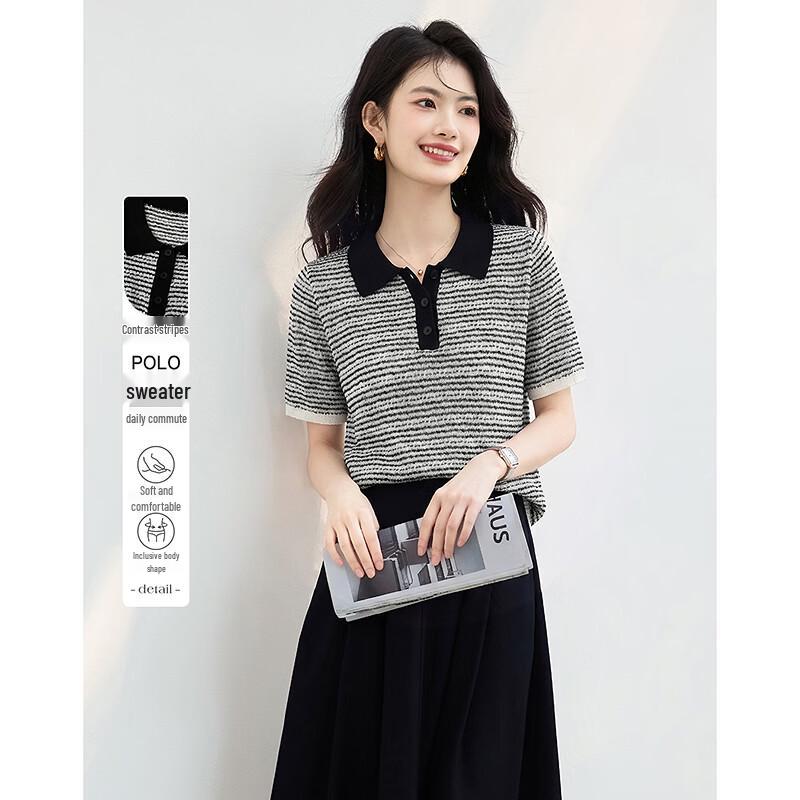 Women s Contrast Stripe Polo Knit Top One Size