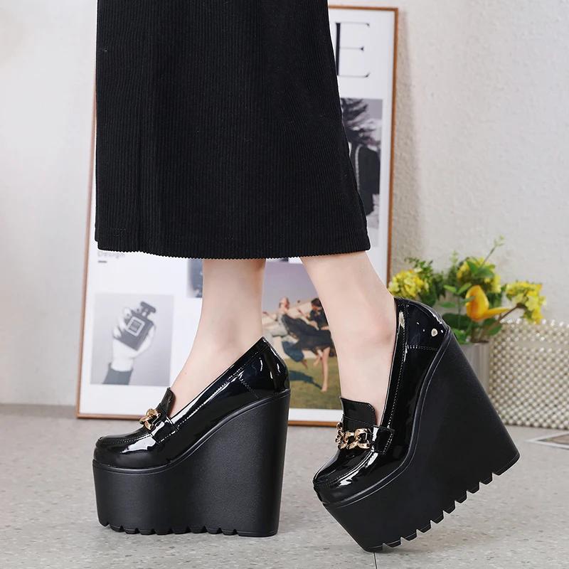 New Muffin Bottom Women's Shoes Wedge Heel Round Head 16CM Super High Heel Shoes Fashion Patent Leather Increase Women's Shoes